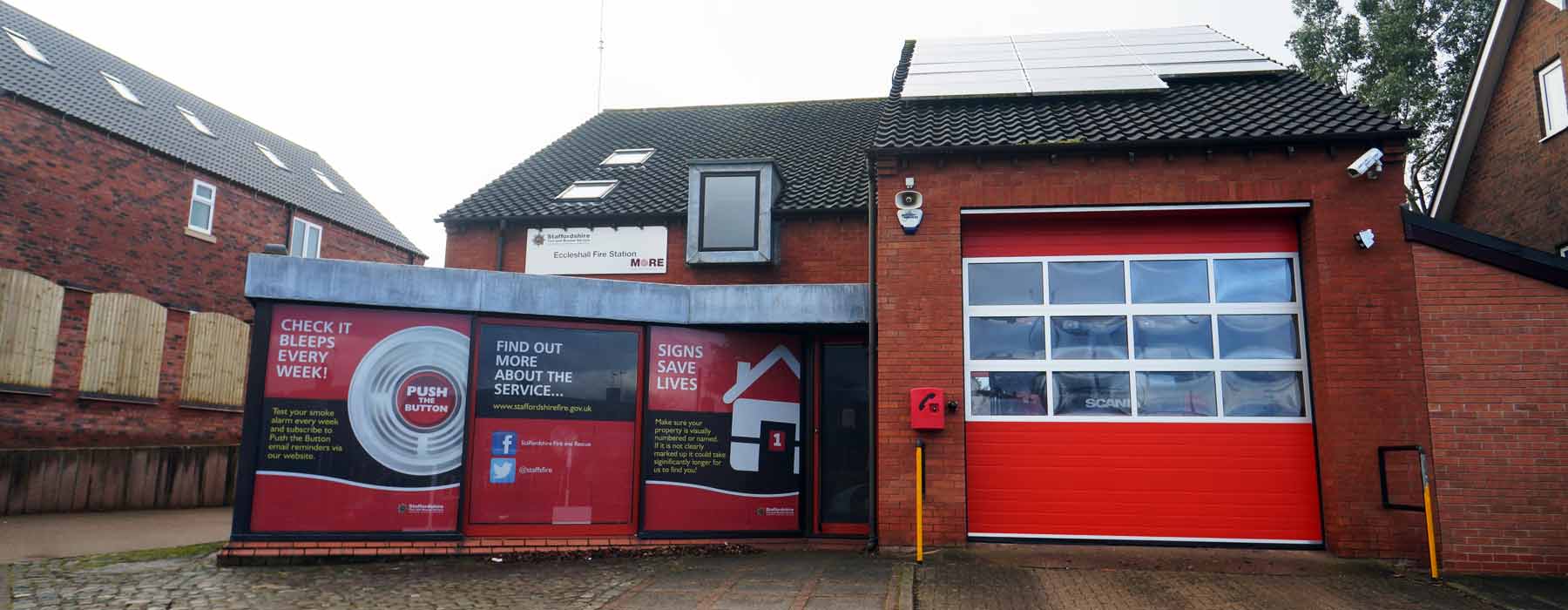 Eccleshall Fire Station with banner outside