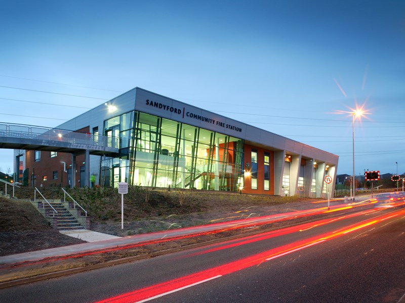 Sandyford Fire Station at night