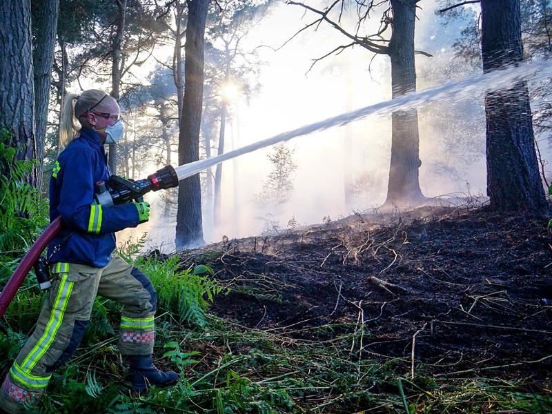 Firefighter putting out grass fire