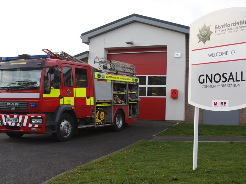 Fire engine leaving Gnosall Fire Station